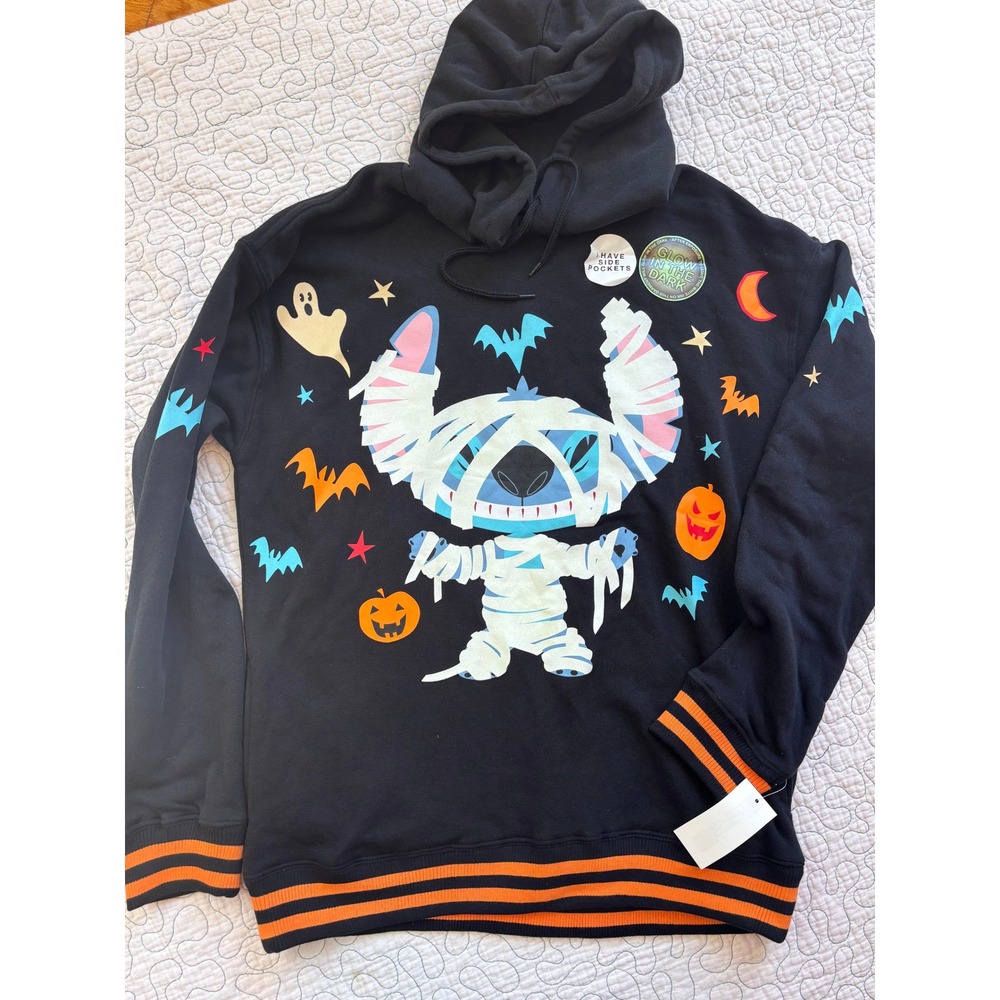 Disney Stitch Mummy Halloween Glow in the Dark Hoodie Black Womens Small